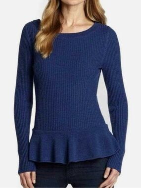 Tory Burch Blue Ramona Merino Wool Ribbed Peplum Sweater wide boat size Small